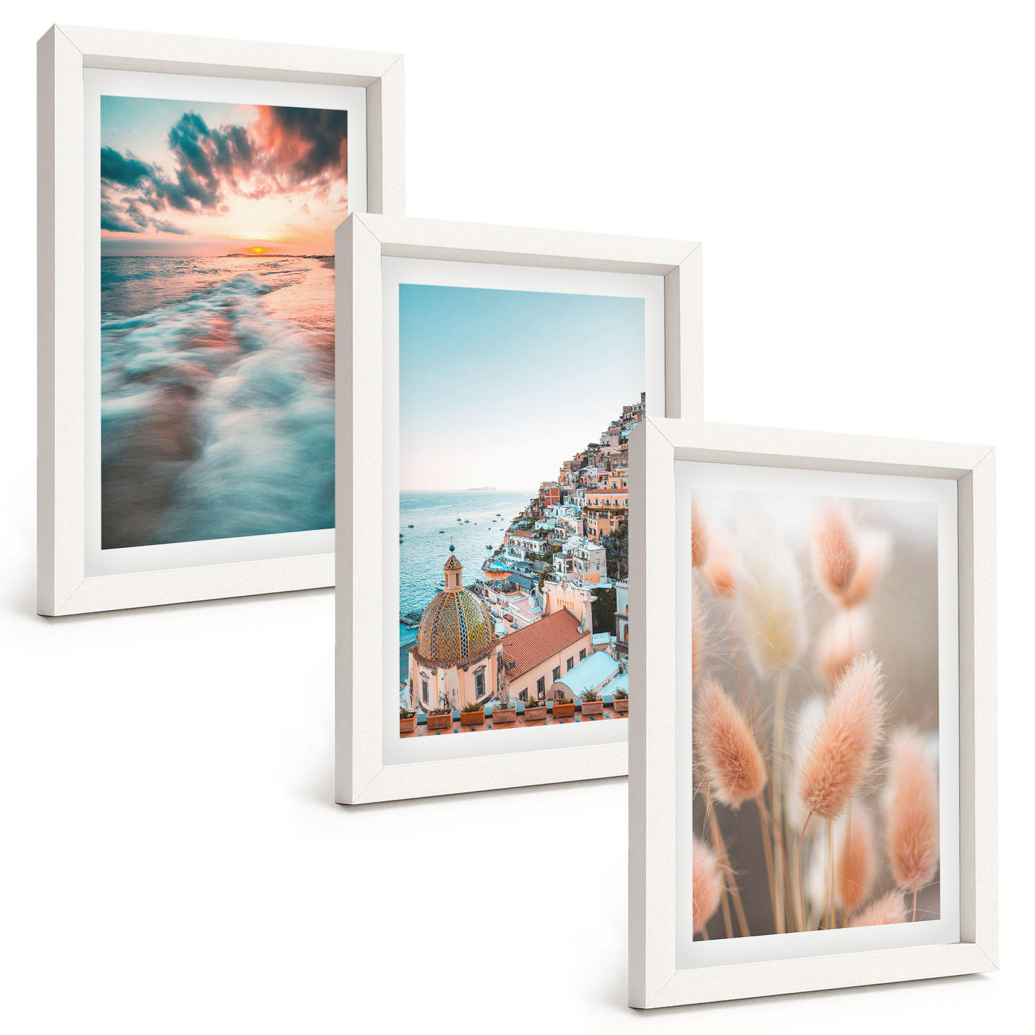 BILDER SET 3er Set - 20x30 cm Weißer Rahmen - Sonnenuntergang am Meer, Häuser, Blumen - Weiß, Kunststoff (20/30cm) - TULUP