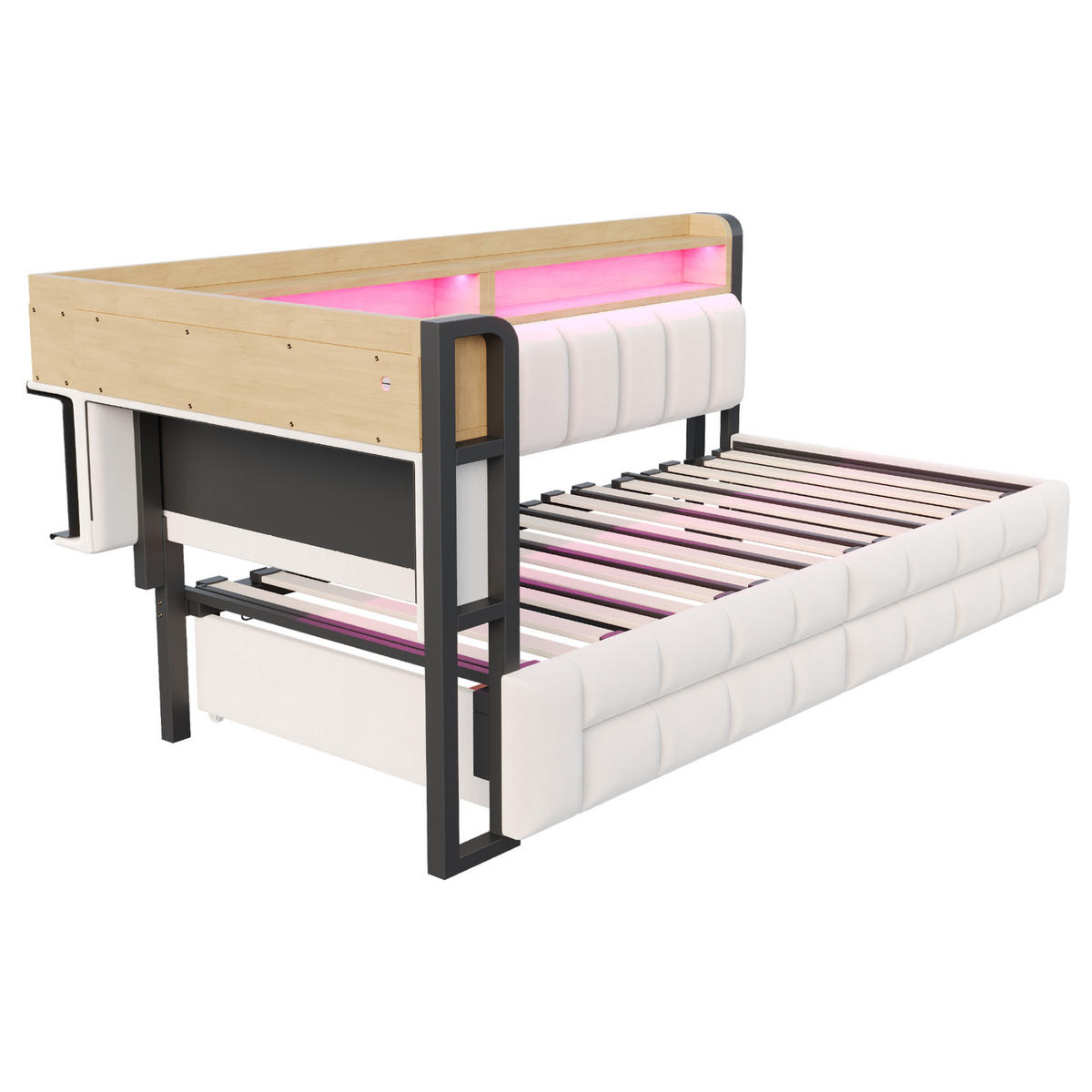 AUSZIEHBETT 90/180/200 cm DE-32703 mit Stauraum und LED Beige - Beige, Metall (90/200cm) - ComfortXL
