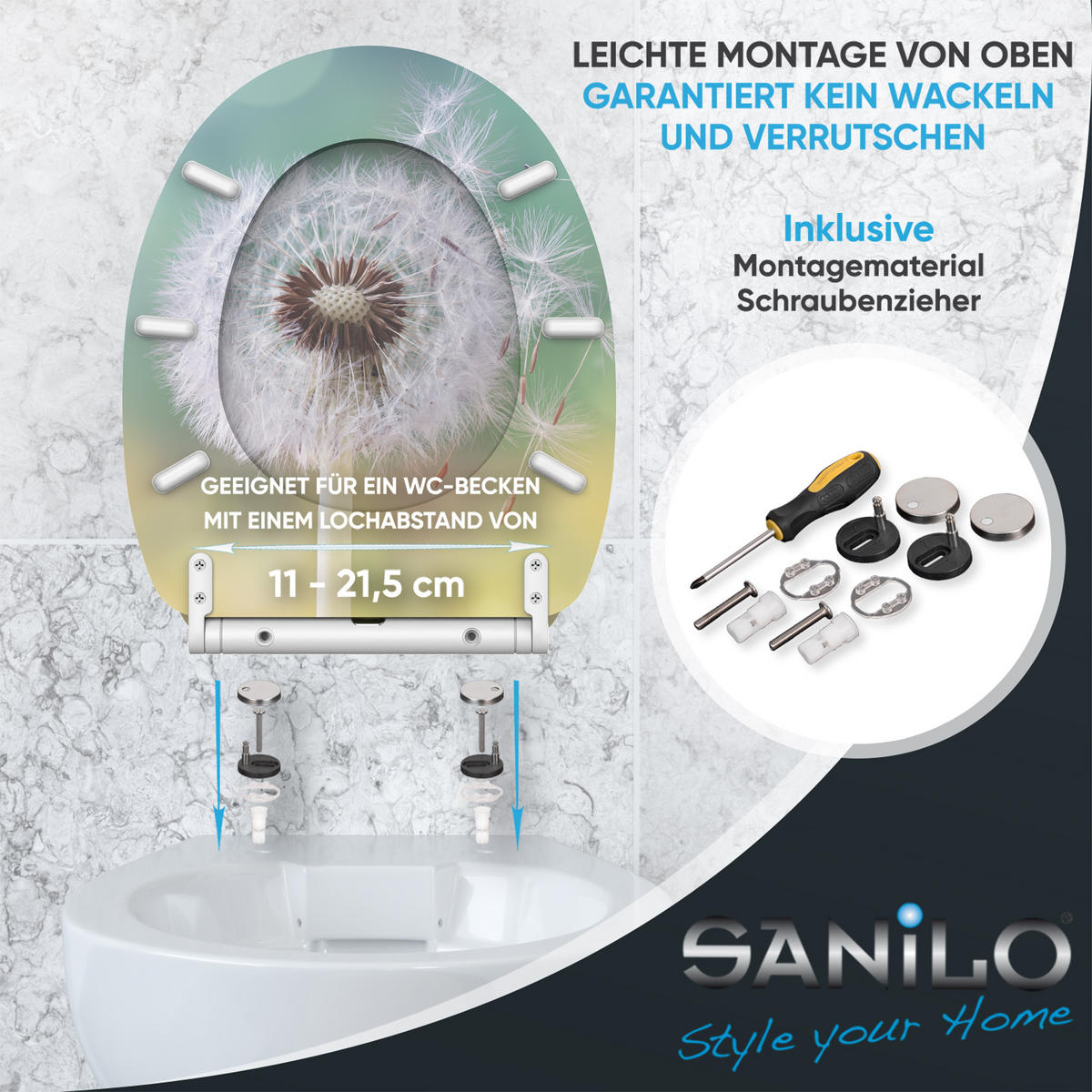 WC-SITZ mit Absenkautomatik & Top Fix Pusteblume - Türkis, Holzwerkstoff (37.7/5.5/48cm) - Sanilo