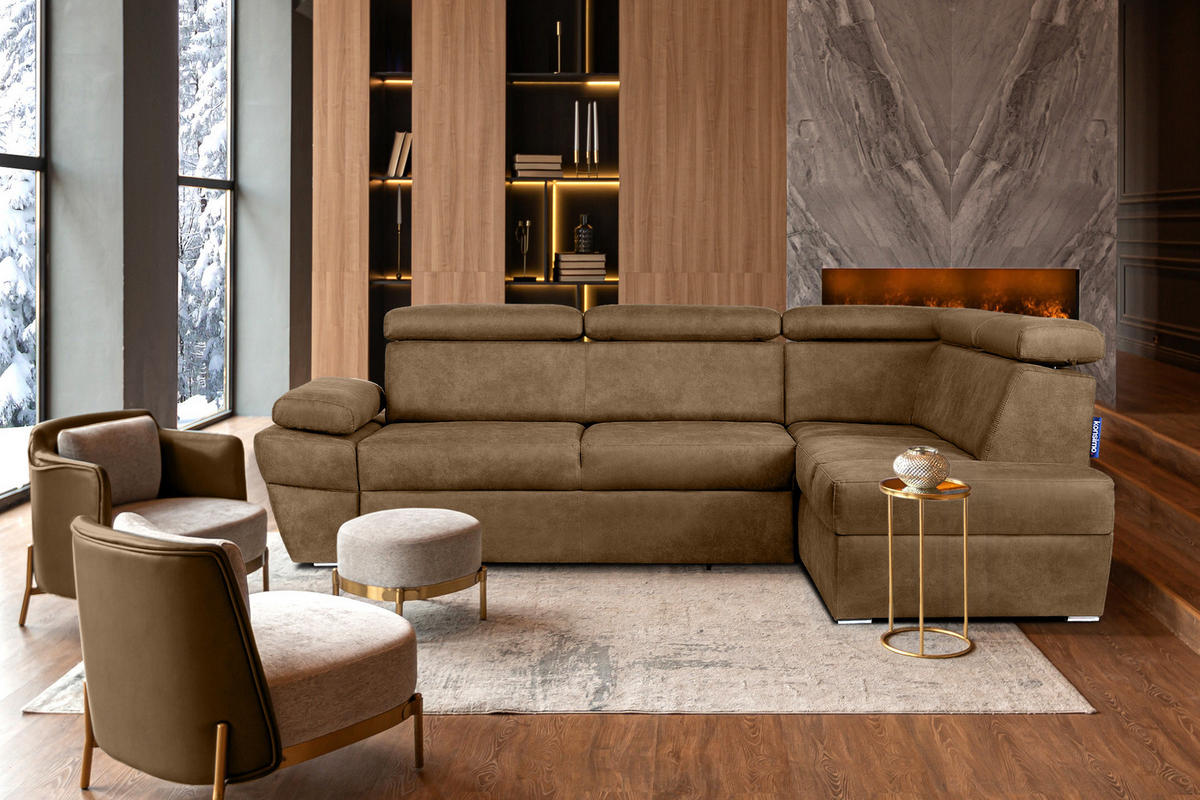 SCHLAFECKSOFA RATLO rechts 4/5-Sitzer mit Bettkasten in Lederoptik, braun - Silberfarben/Braun, Textil (270/190cm) - KONSIMO®