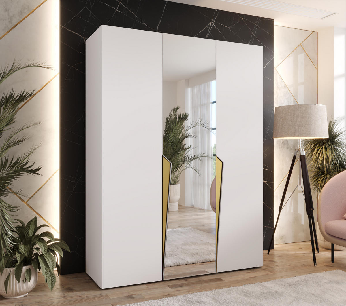 DREHTÜRENSCHRANK 202/150/52 3-türig - Goldfarben/Weiß, Holz/Metall (150/202/52cm) - Abiks Möbel