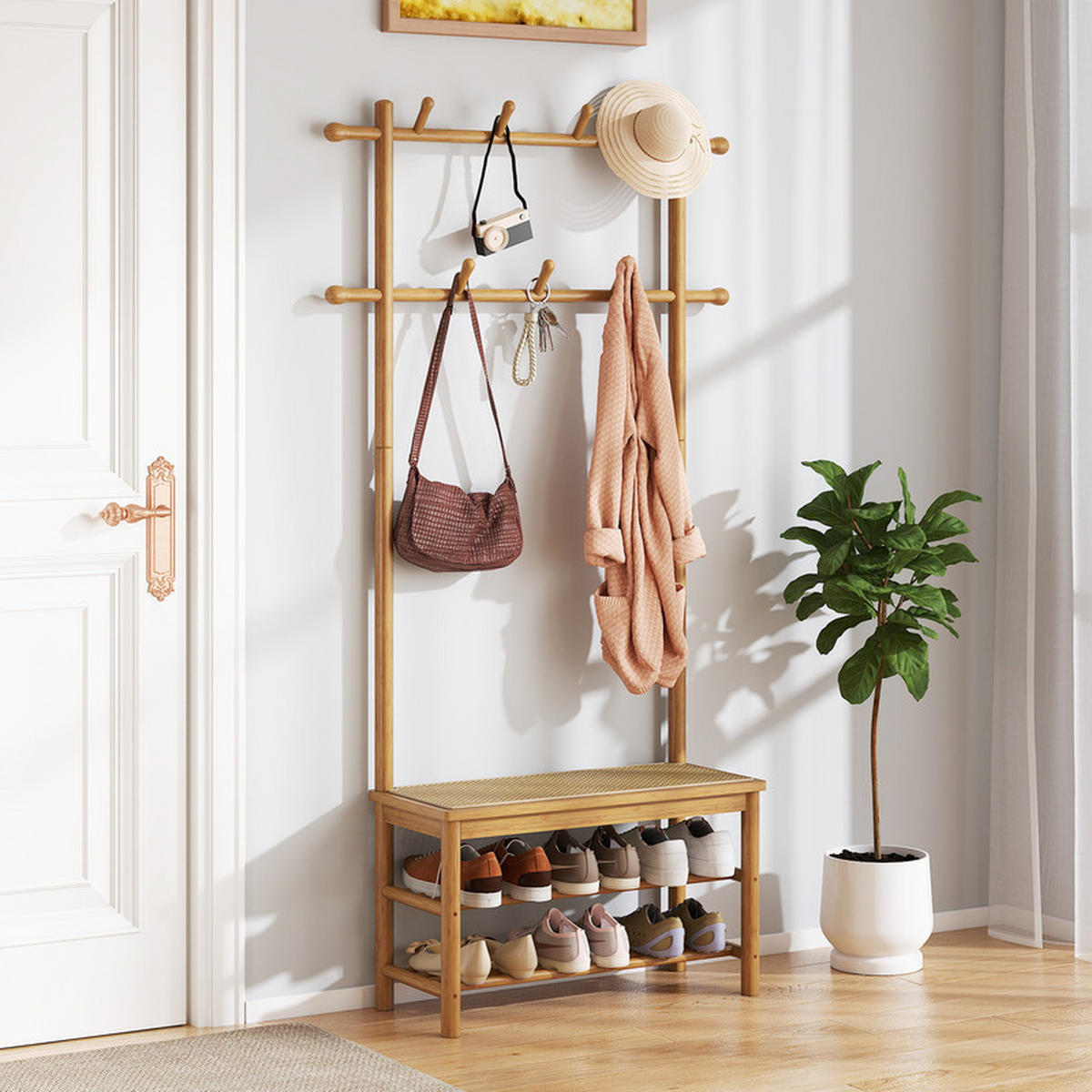 GARDEROBENSTÄNDER mit Schuhbank natur - Naturfarben, Naturmaterialien (71/169.5/30cm) - COSTWAY