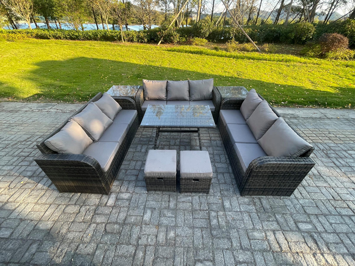 GARTENMÖBELSET mit ESSTISCH, 3-SITZER SOFA Polyrattan 11-Sitzer - Dunkelgrau/Grau, Glas/Kunststoff - Fimous