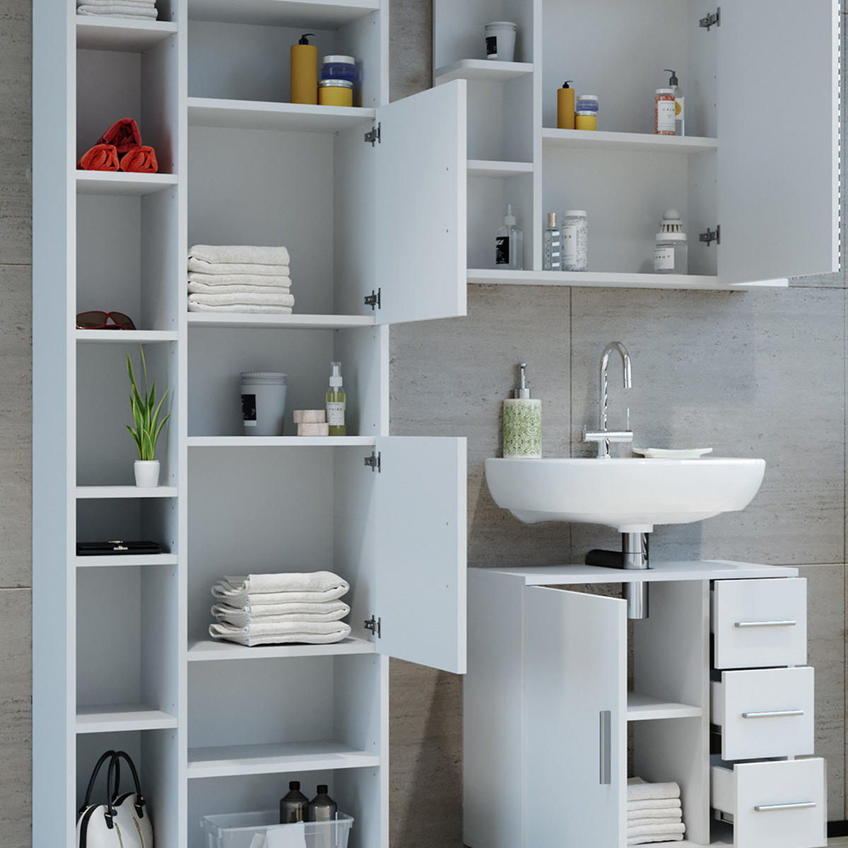 BADMÖBEL-SET Ilias Weiß 3 Teile, mit Unterschrank 60 cm - Weiß, Holzwerkstoff (60/60.8/33cm) - Vicco