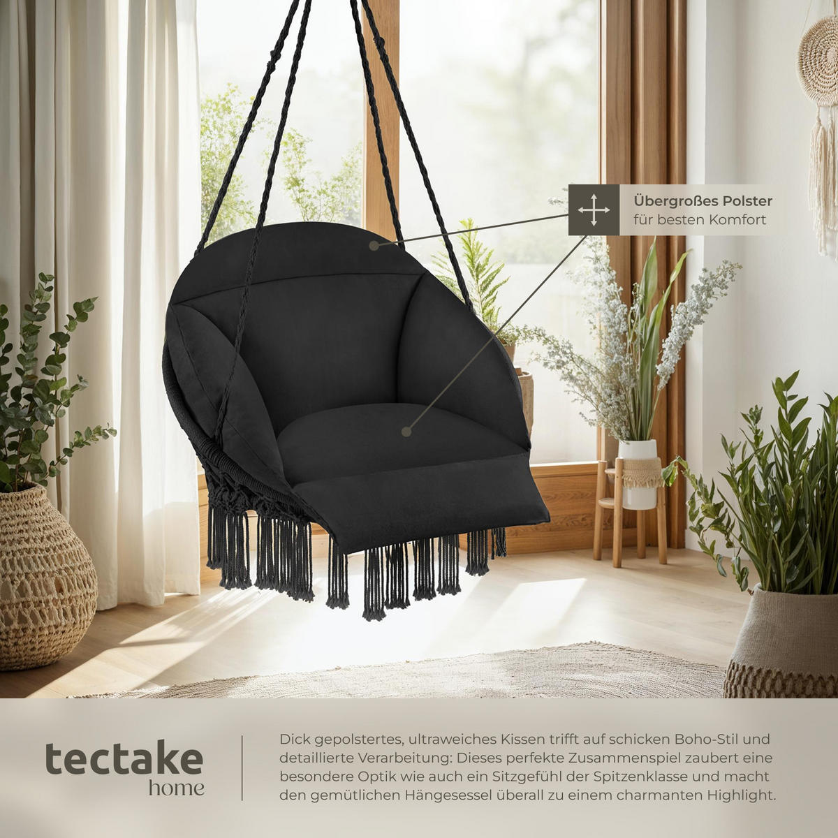 HÄNGESESSEL Samira,80 x 81 x 139 cm,schwarz - Schwarz, Kunststoff (80/139/81cm) - tectake