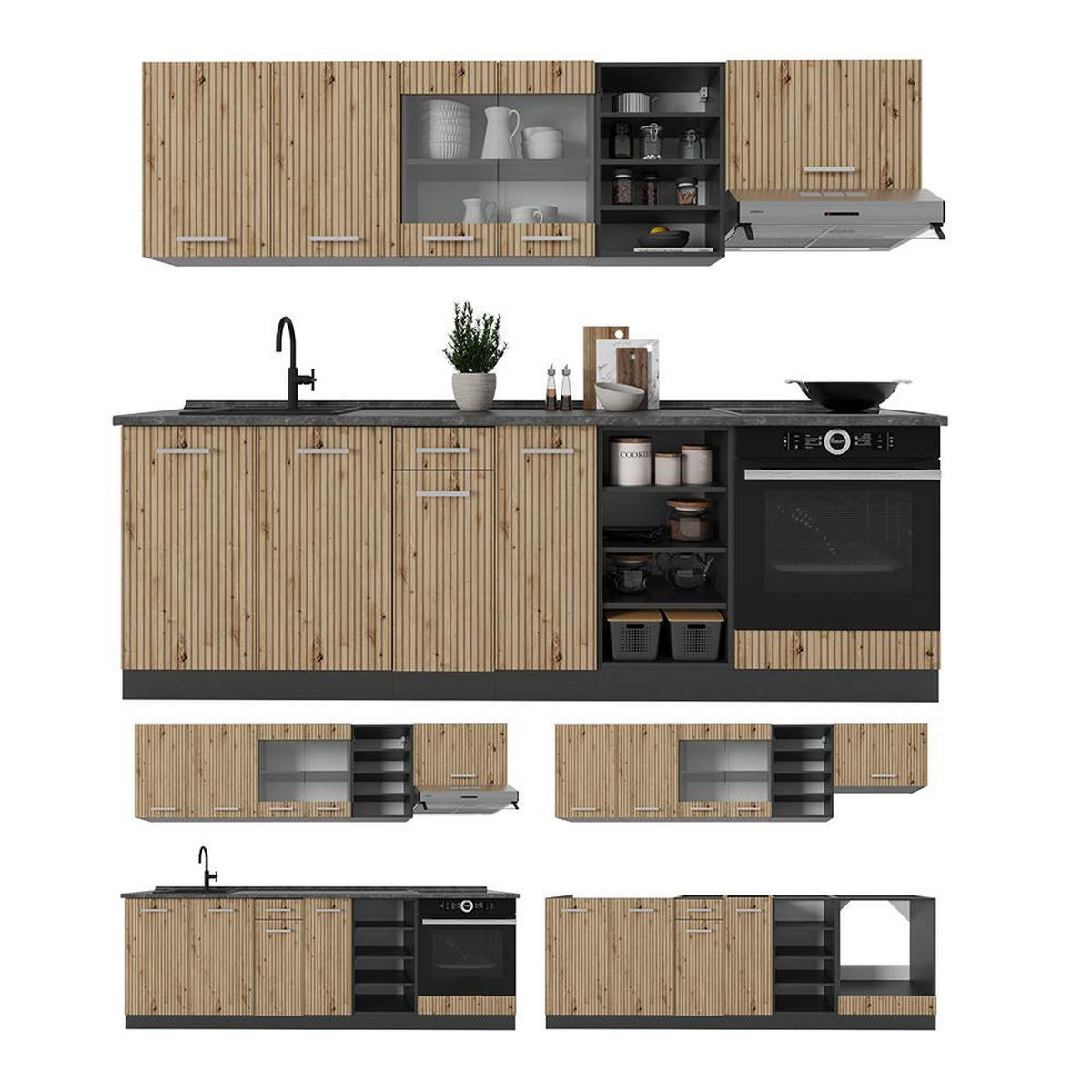 KUHINJSKI BLOK R-Line Artisan hrast/antracit 240 cm , DP Antracit - antracit/hrast artisan, leseni material (240/206.8/60cm) - Vicco