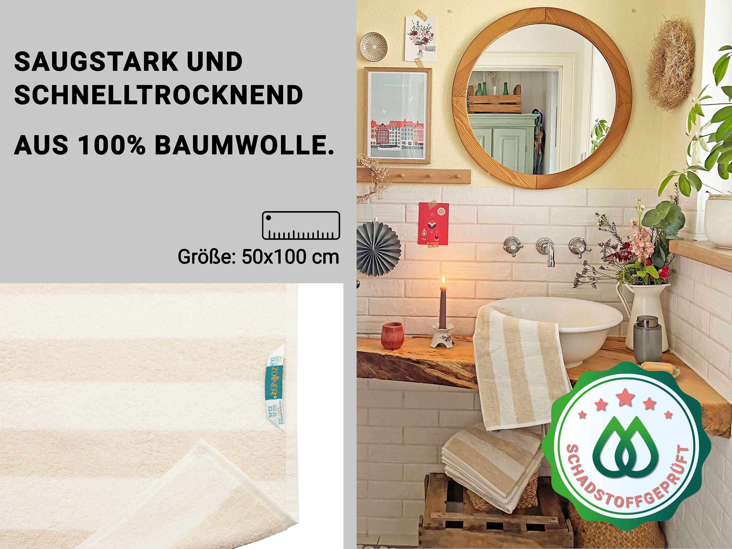 Thumbnail - Zollner Handtücher,, Beige, Textil, 50x100 cm, Oeko-Tex® Standard 100, Badtextilien, Handtücher
