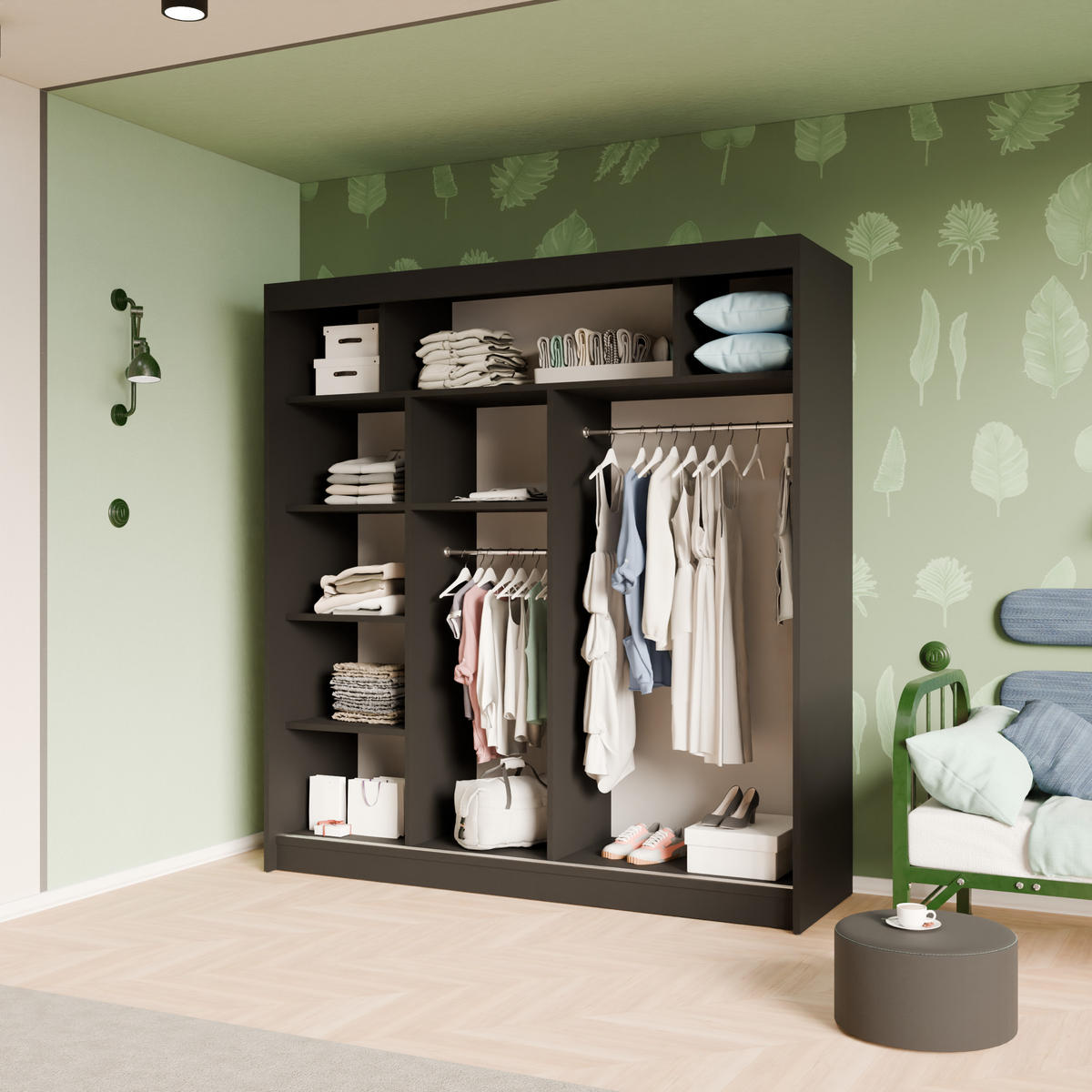 SCHIEBETÜRENSCHRANK TIPI II - Schwarz/Weiß, Holzwerkstoff (200/215/61cm) - Meblini