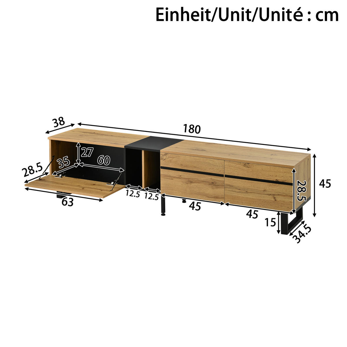 TV Lowboard 180 cm, Klappfach, offene Fächer, Doppeltüren - Braun, Holz (180/45/38cm)