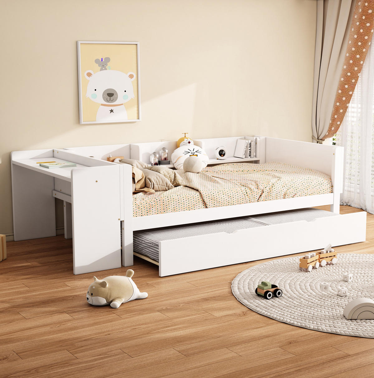 KINDERBETT 90/200 cm Weiß mit Ausziehbett, Schreibtisch und Regalen - Weiß, Holzwerkstoff (90/200cm) - Flora Grace