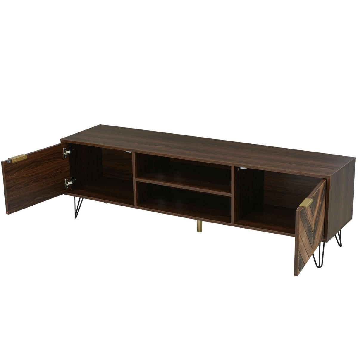 TV Lowboard Schwarz Holz, goldene Griffe, Eisenfüße - Braun, Holz (157/48/38cm)