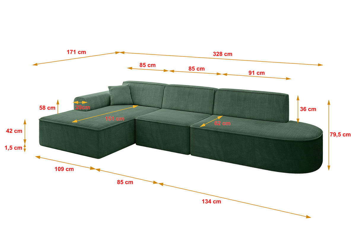 ECKSOFA Ottomane Links IREA-L2-v3 - 328x171x79 cm Grün - Smaragdgrün/Currygelb, Holzwerkstoff/Textil (328/171cm) - ALTDECOR