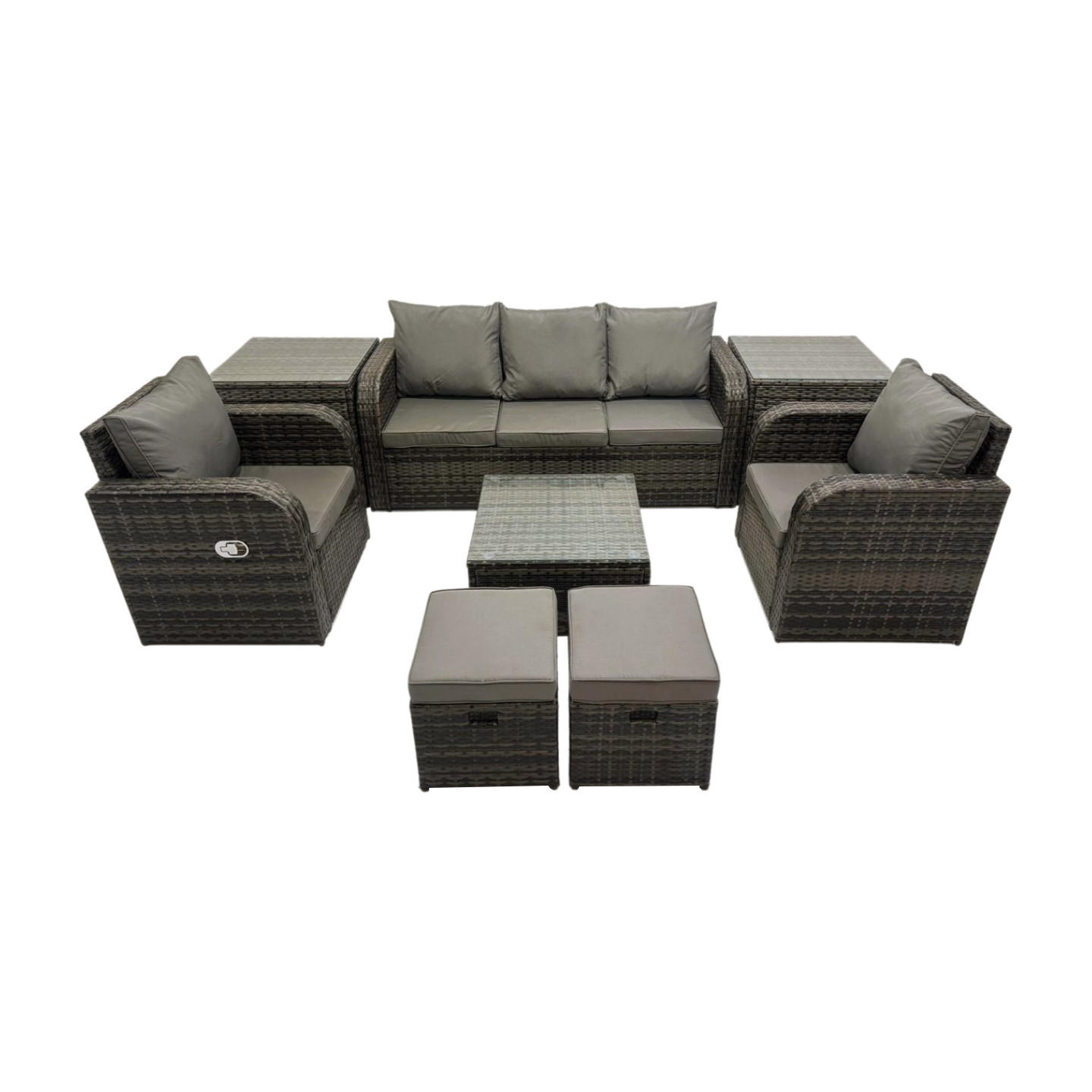GARTENMÖBELGARNITUR mit KISSEN Polyrattan Dunkelgrau 7-Sitzer - Dunkelgrau/Grau, Glas/Kunststoff - Fimous