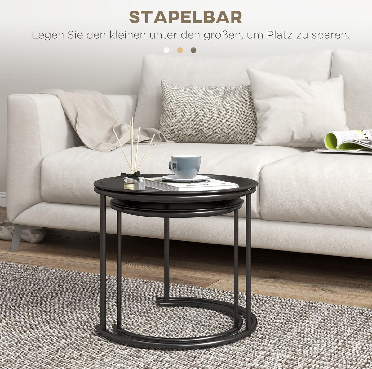 BEISTELLTISCH-SET Ø43/35 cm mit abnehmbaren Tabletts, stapelbar, Stahl, Schwarz - Schwarz, Metall (43/43/38cm) - Modfu