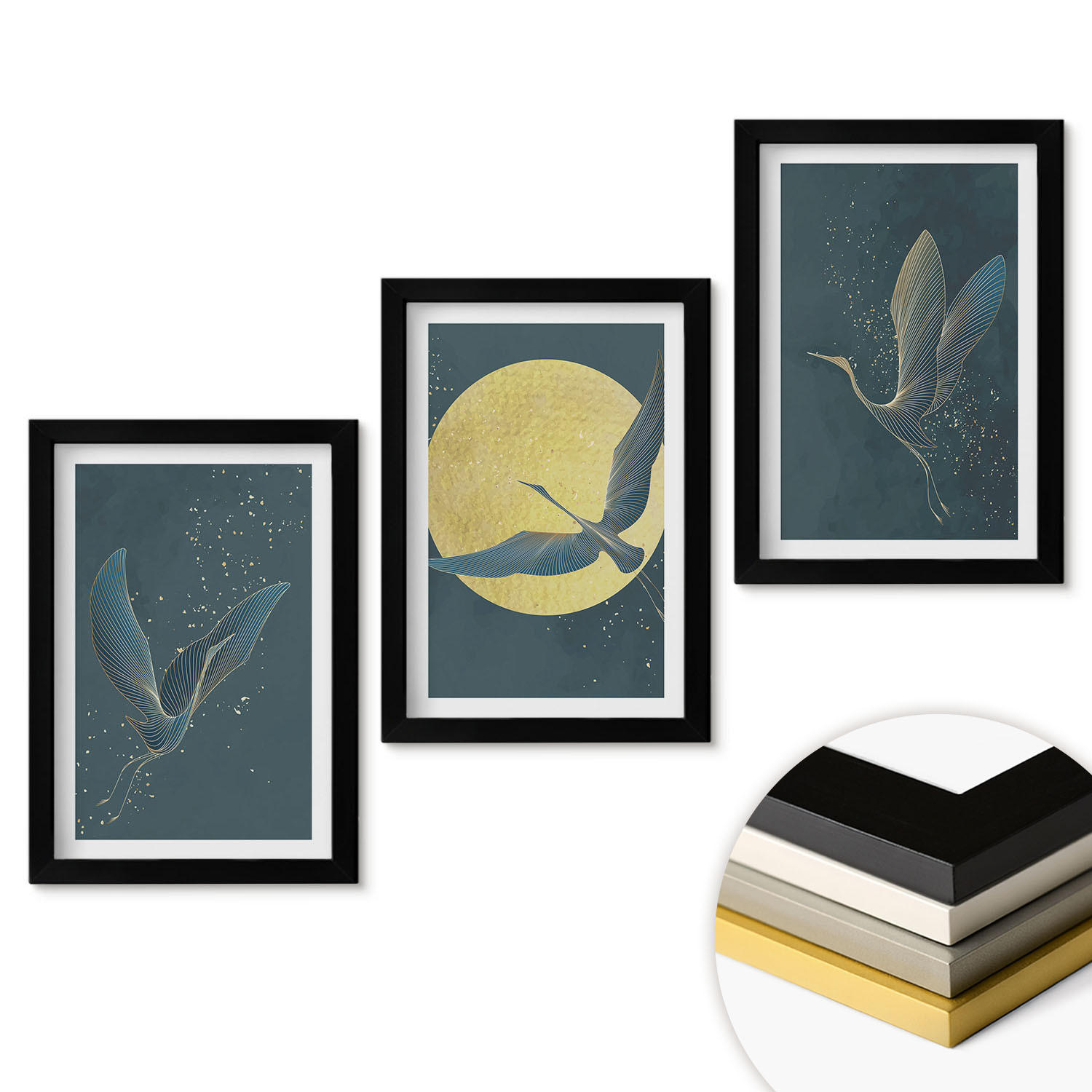 WANDBILDER 3er-Set - 20x30 cm Schwarzer Rahmen - Kraniche im Flug bei Nacht - Schwarz, Kunststoff (20/30cm) - ArtPrintCave