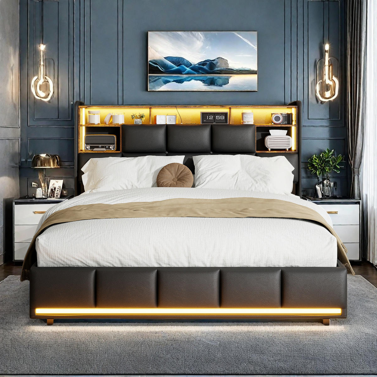 POLSTERBETT 160x200 cm Schwarz PU LED USB Bettkasten - Schwarz, Metall - SHOPENTRA