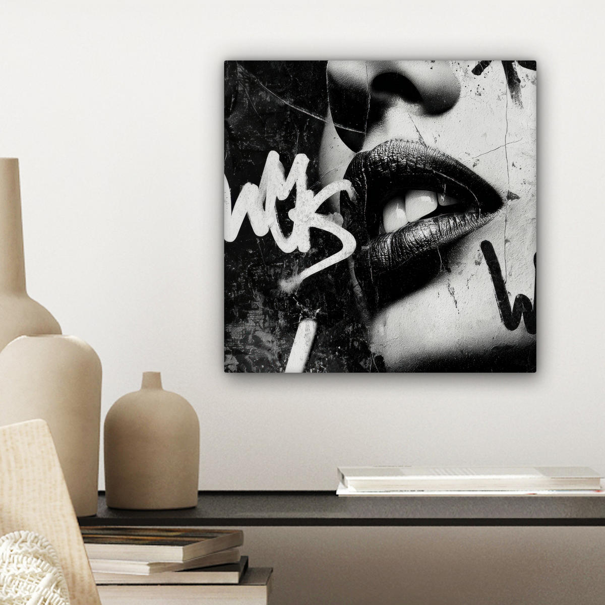 LEINWANDBILD Gesicht - Mund - Graffiti - Schwarz Deko Wohnzimmer 20x20 cm - Schwarz, Textil (20/20cm) - MuchoWow