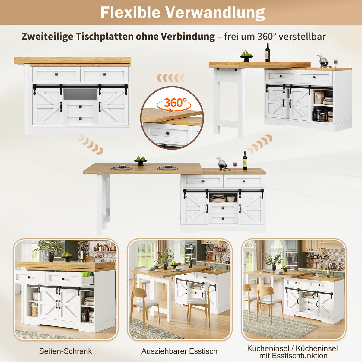 KÜCHENINSEL 360° Drehbar Stauraum Modern - Weiß, Holzwerkstoff (120/72/40cm) - FLIEKS