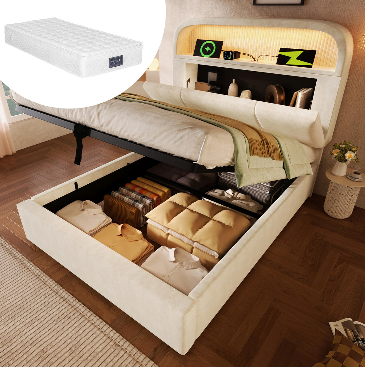 BETT mit Stauraum 90x200 cm Samt Beige inkl. Matratze - Beige, Metall (90/200cm) - Meubliv
