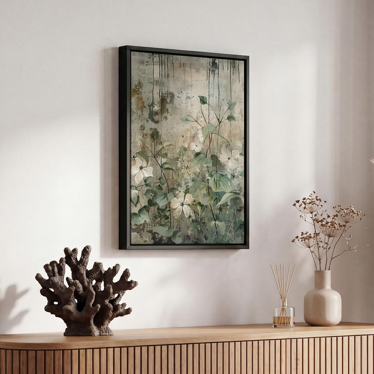 LEINWAND Bilder mit Rahmen - Blumen - Blätter - Abstrakt - Modern - 20x30 - Grau, Textil (20/30cm) - MuchoWow