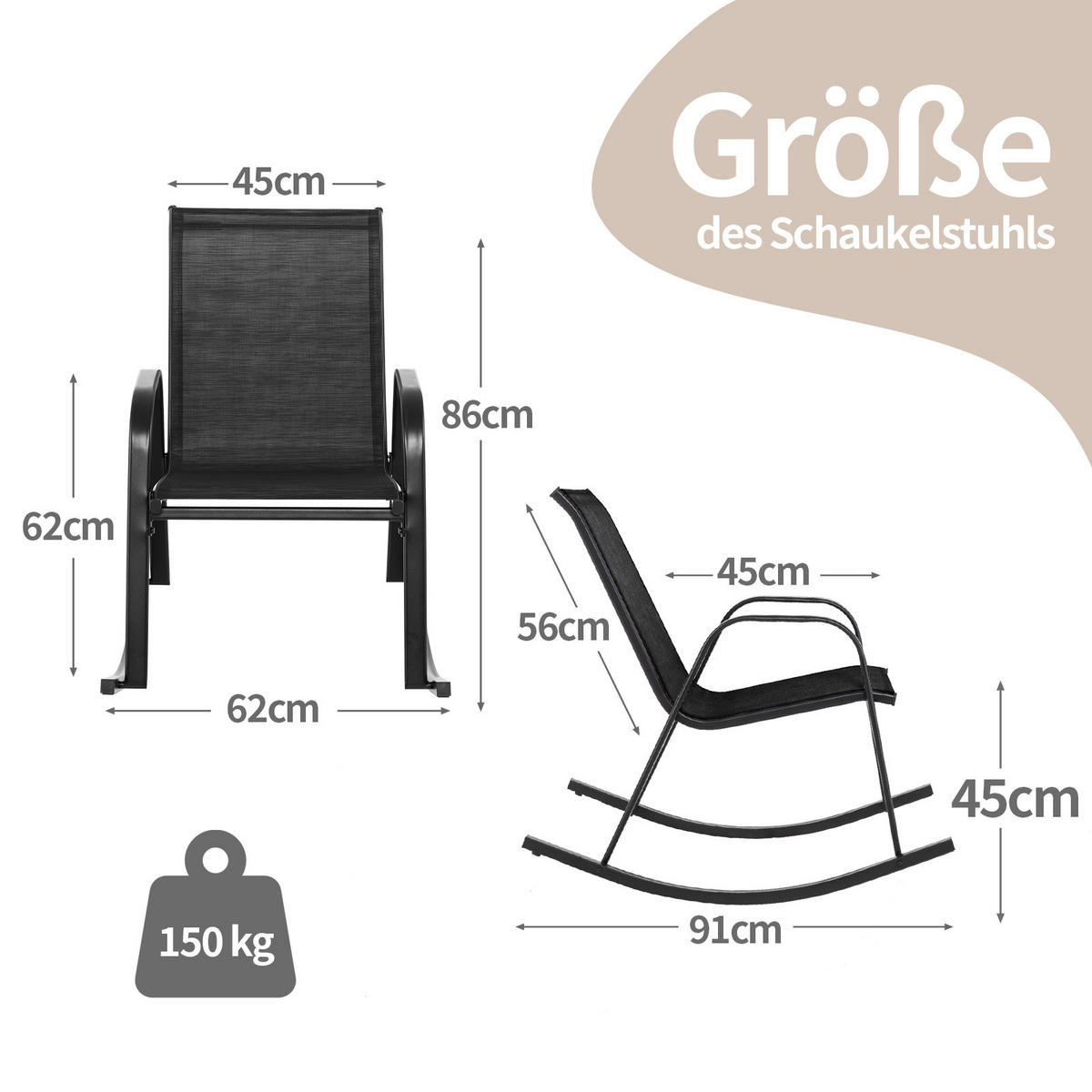 SCHAUKELSTUHL Schwarz(2er-Set) - Schwarz, Metall (62/86/91cm) - COSTWAY