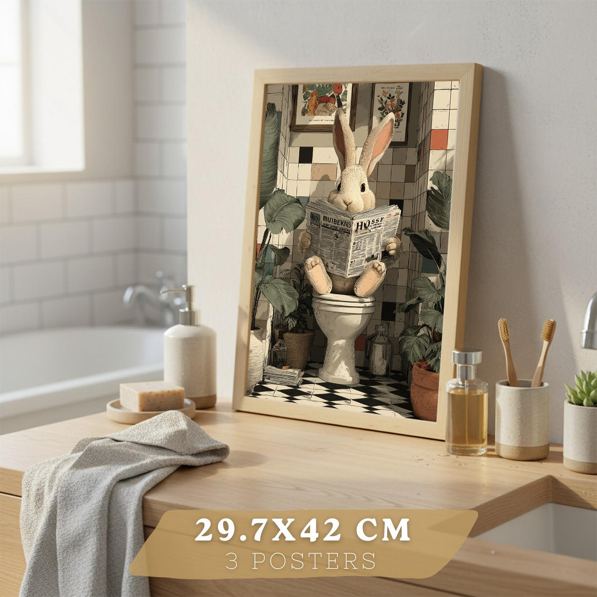 PLAKÁT Sada 3 obrazů zvířat v koupelně mývalů a králíků, Světlý dřevěný rám A3 - béžová, papír (42/29.7/3cm) - Nacnic
