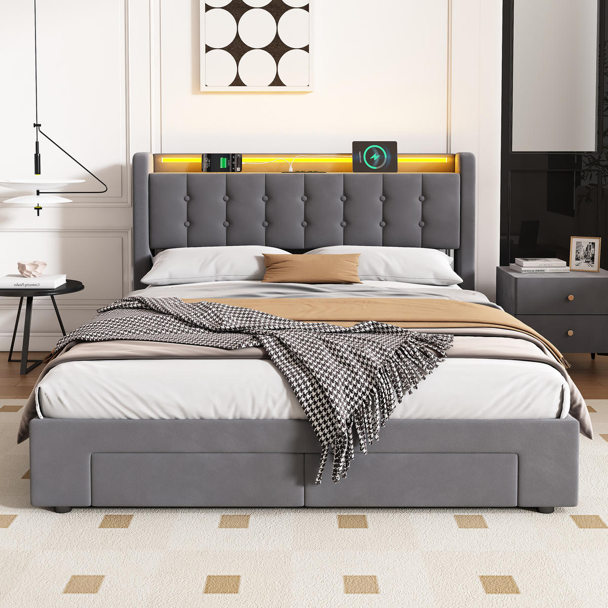 POLSTERBETT 140/190 cm in Dunkelgrau Samt mit Bettkasten, Schubladen und USB/LED-Beleuchtung - Dunkelgrau, Holzwerkstoff/Textil (140/190cm) - CHICFURN