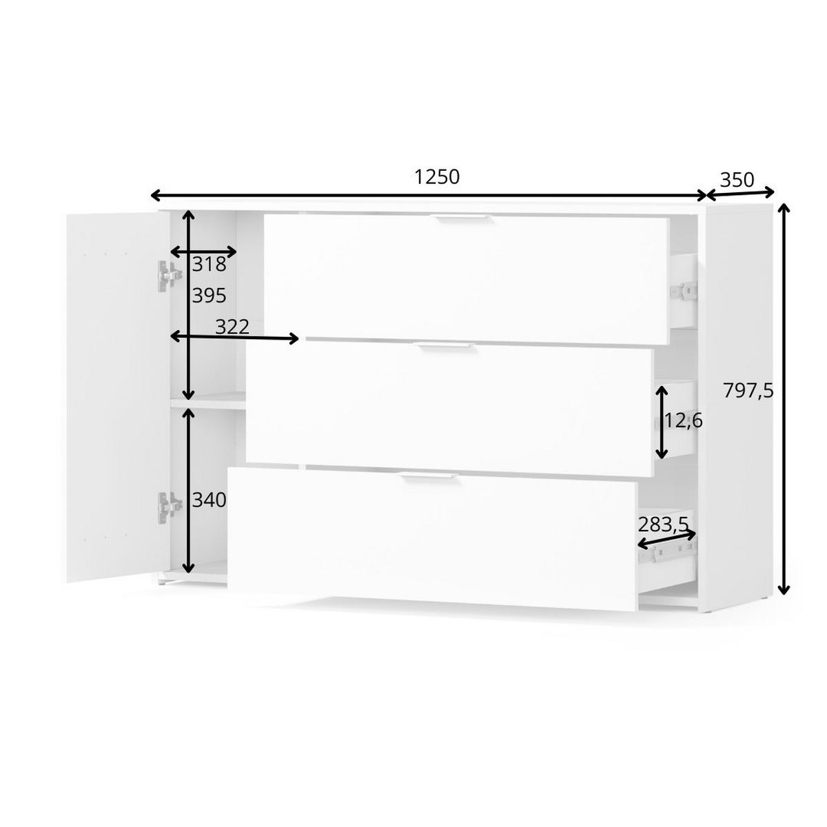 KOMMODE TOREN 125/79,5/35cm mit 3 Schubladen 1 Türen Weiß - Eichefarben/Weiß, Holzwerkstoff (125/79.5/35cm) - MASSENO