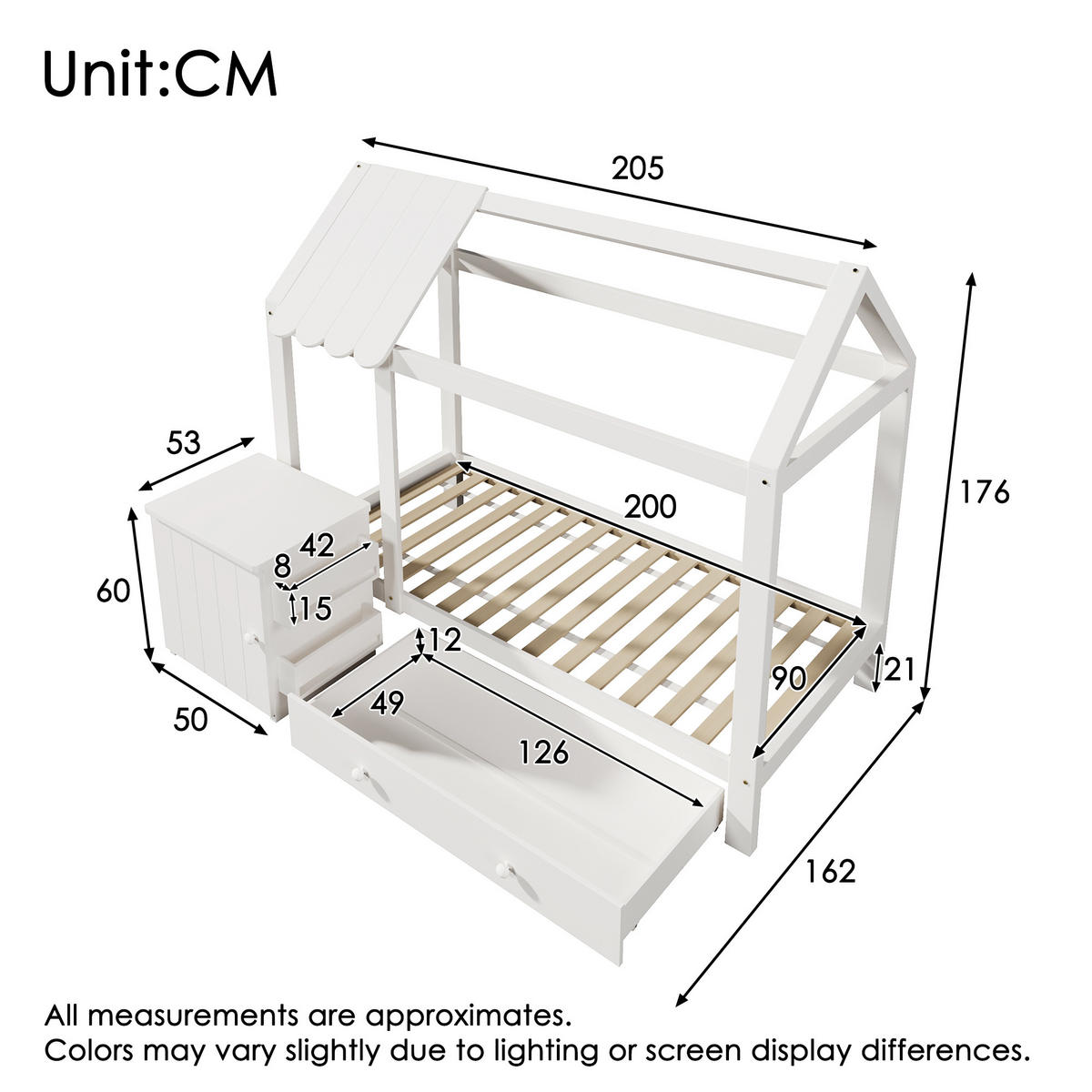 HAUSBETT 90/200 cm aus Massivholz Weiß mit Schubladen und abnehmbarem Nachttisch - Weiß, Holzwerkstoff (90/200cm) - OKWISH