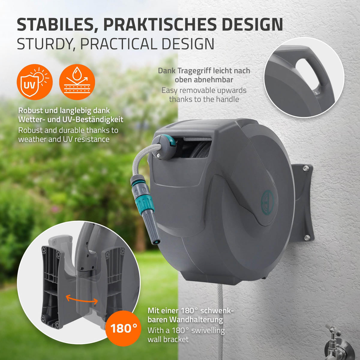 SCHLAUCHAUFROLLER 20m - Grau, Kunststoff (18/40/52cm) - ECD-Germany