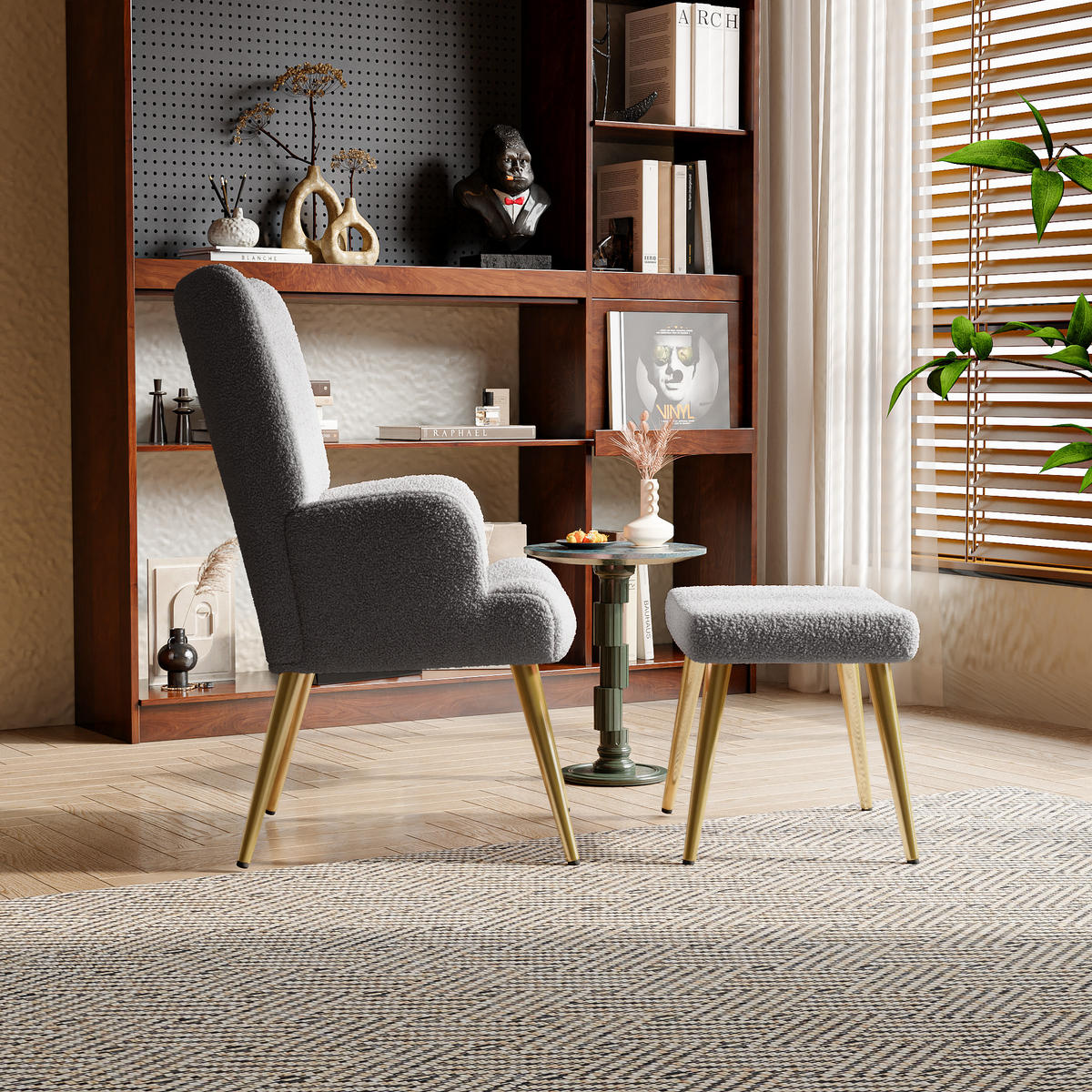 OHRENSESSEL mit Hocker,Dunkelgrau - Dunkelgrau, Metall (53/99.5/68cm)