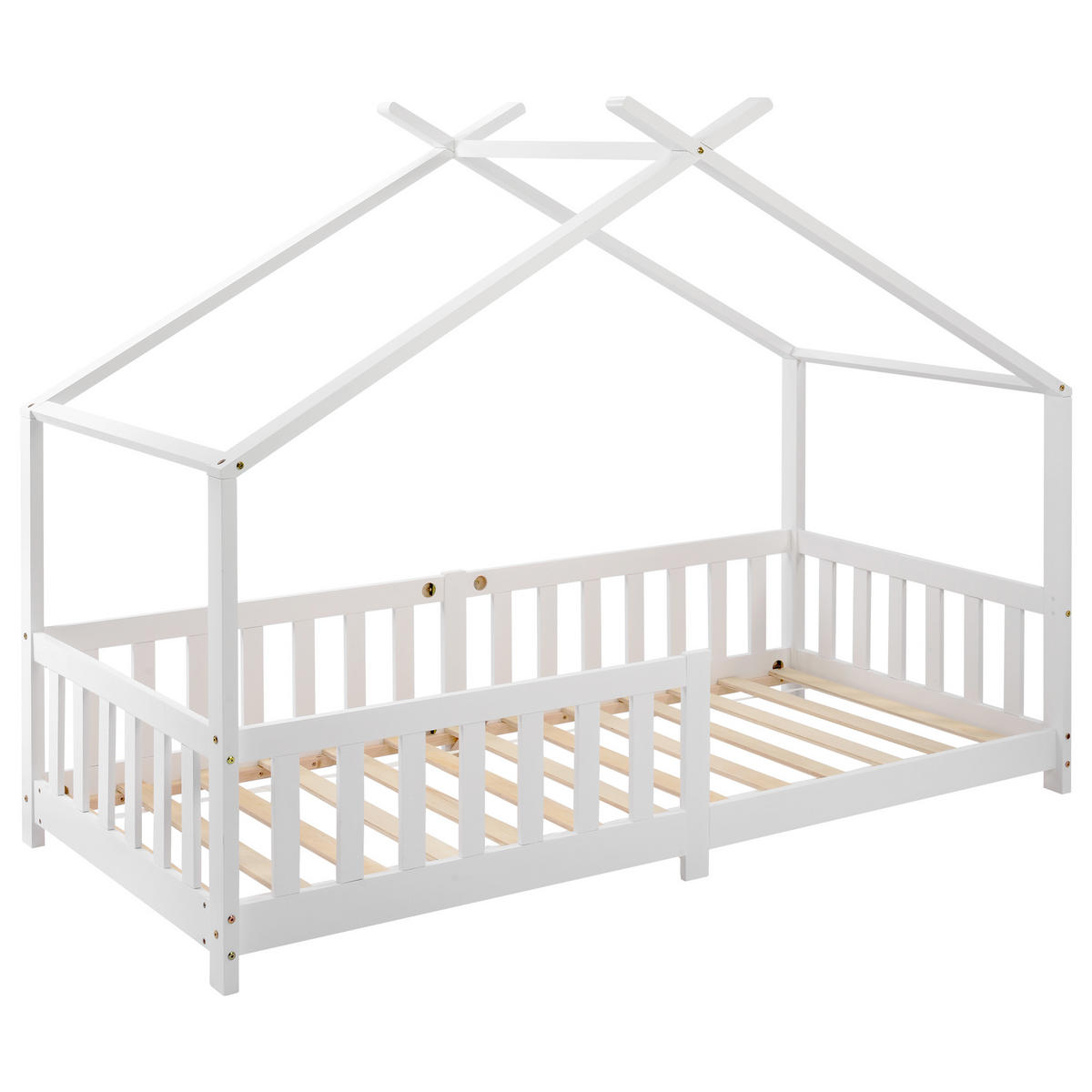 HAUSBETT 90/200 cm in Weiß mit Zaun und Lattenrost aus Massivholz - Weiß, Holz (90/200cm) - CHICFURN