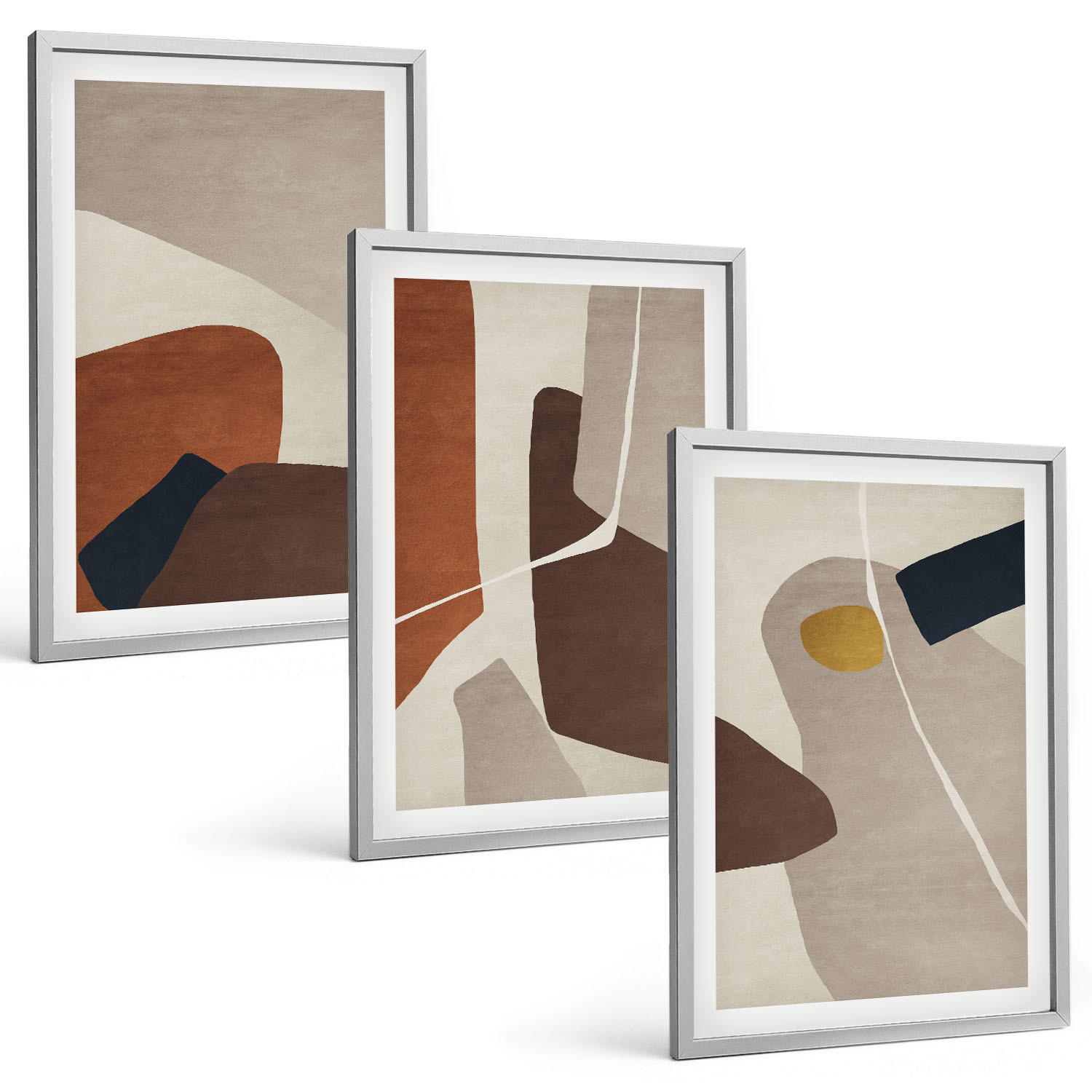 BILDER SET 3er Set - 40x60 cm Silberner Rahmen - Abstrakte Boho-Malerei - Silberfarben, Kunststoff (40/60cm) - TULUP