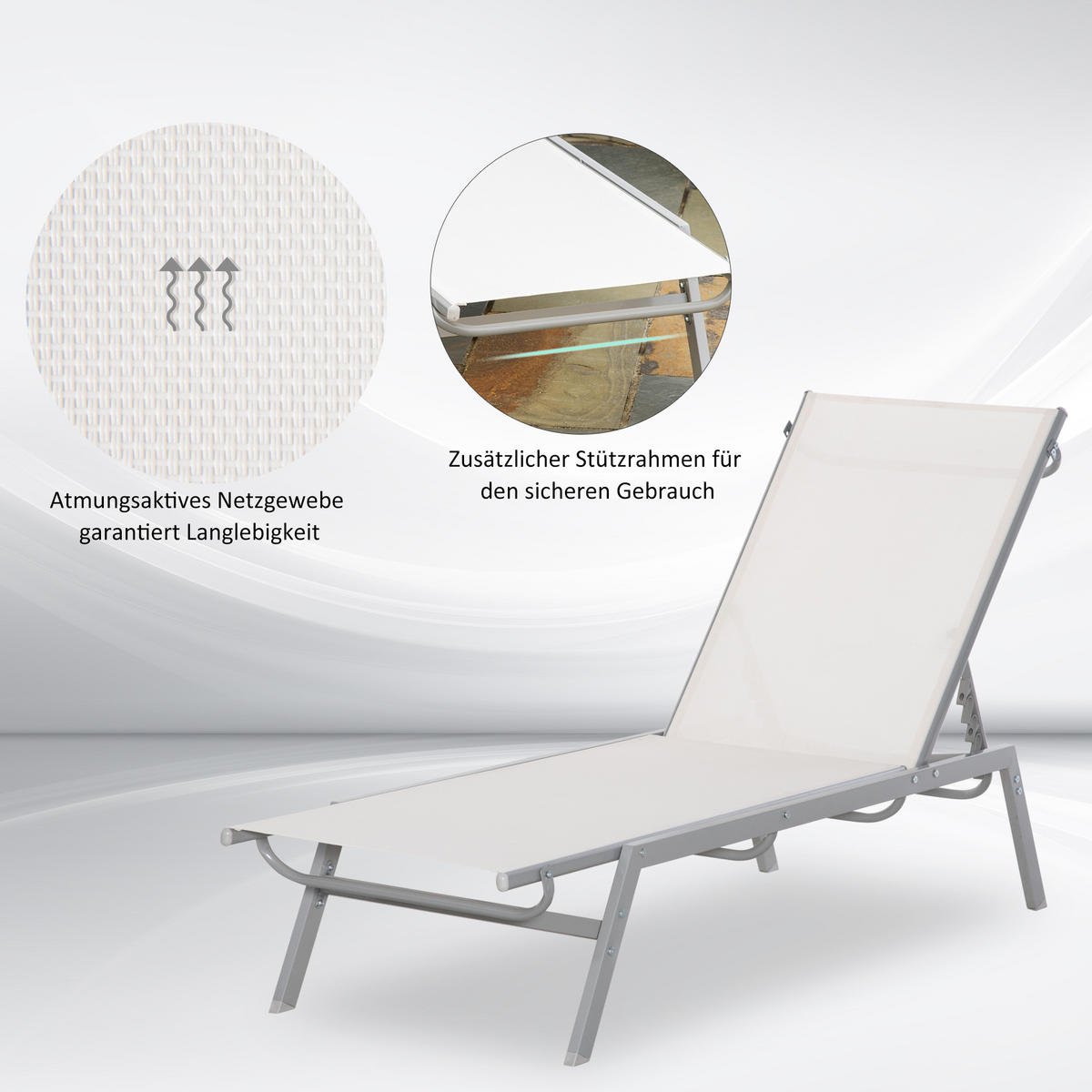 GARTENLIEGE mit 5-stufige Rückenlehne aus Metall, 170 x 58 x 97 cm - Creme, Kunststoff/Metall (58/97/170cm) - Outsunny