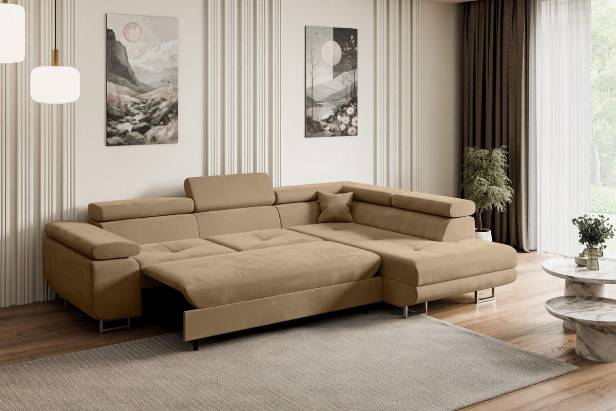 ECKSOFA mit Schlaffunktion und Bettkasten GUSA-L 272x202x107 cm Beige Velours - Beige/Silberfarben, Holzwerkstoff/Textil (272/202cm) - ALTDECOR