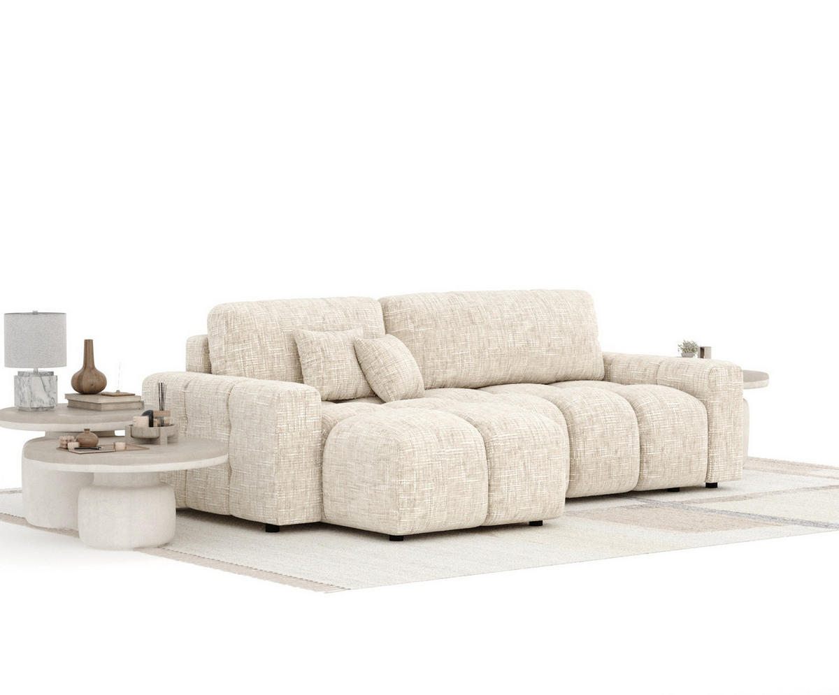 ECKSOFA MIT SCHLAFFUNKTION Ucci Creme Webstoff - Creme/Schwarz, Holz/Holzwerkstoff (233/142cm) - Maison de Reve