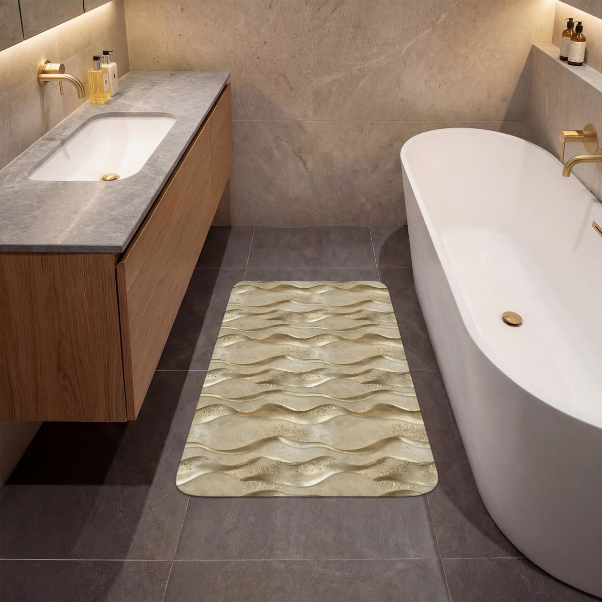 KOUPELNOVÁ PŘEDLOŽKA Vlny - vzor - zlaté 60x90 cm - barva mosazi, textil/plast (60/90cm)