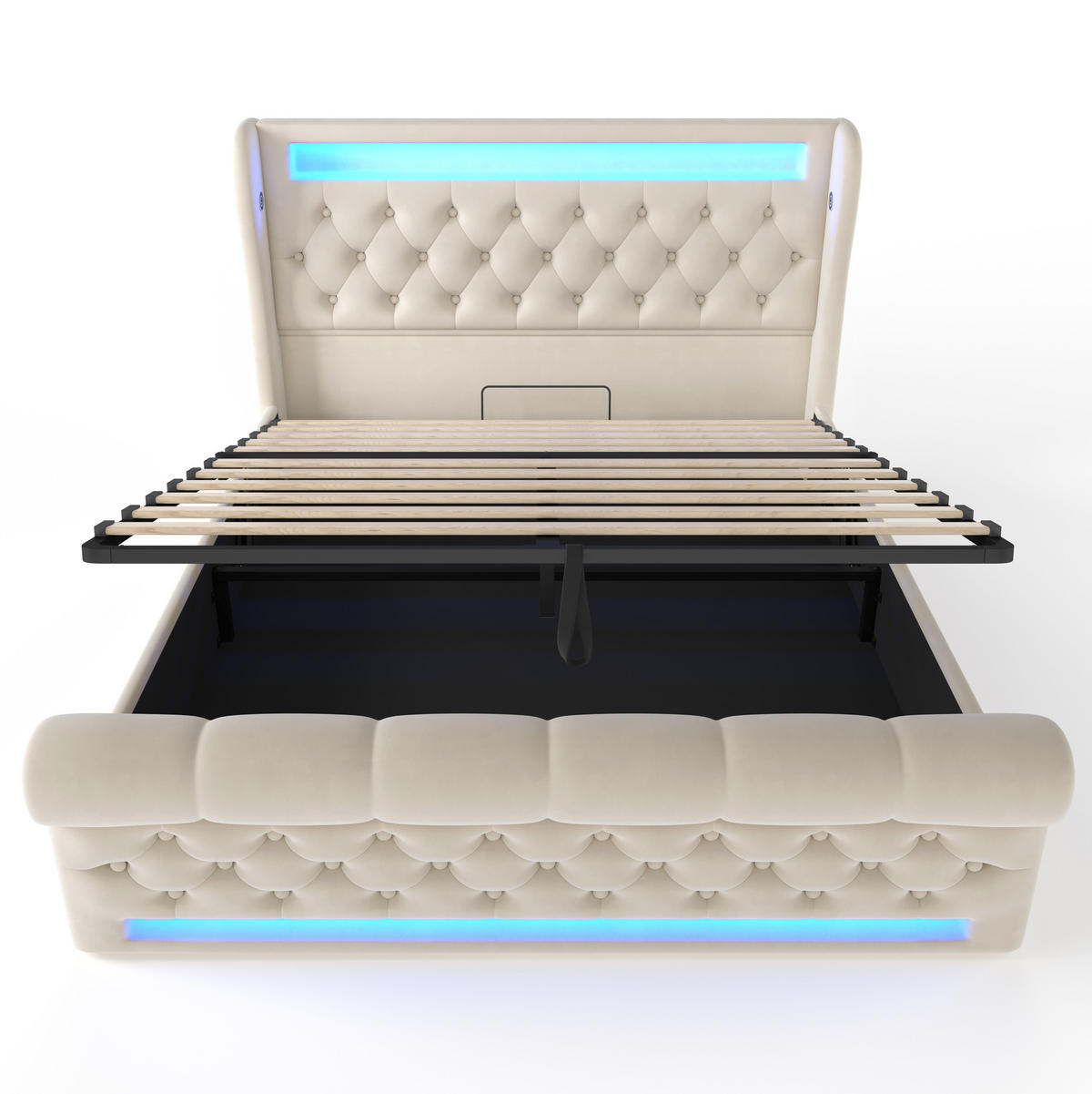 POLSTERBETT mit LED-Beleuchtung 160/200 cm in Beige mit Bettkasten - Beige, Textil (160/200cm) - BEAOK