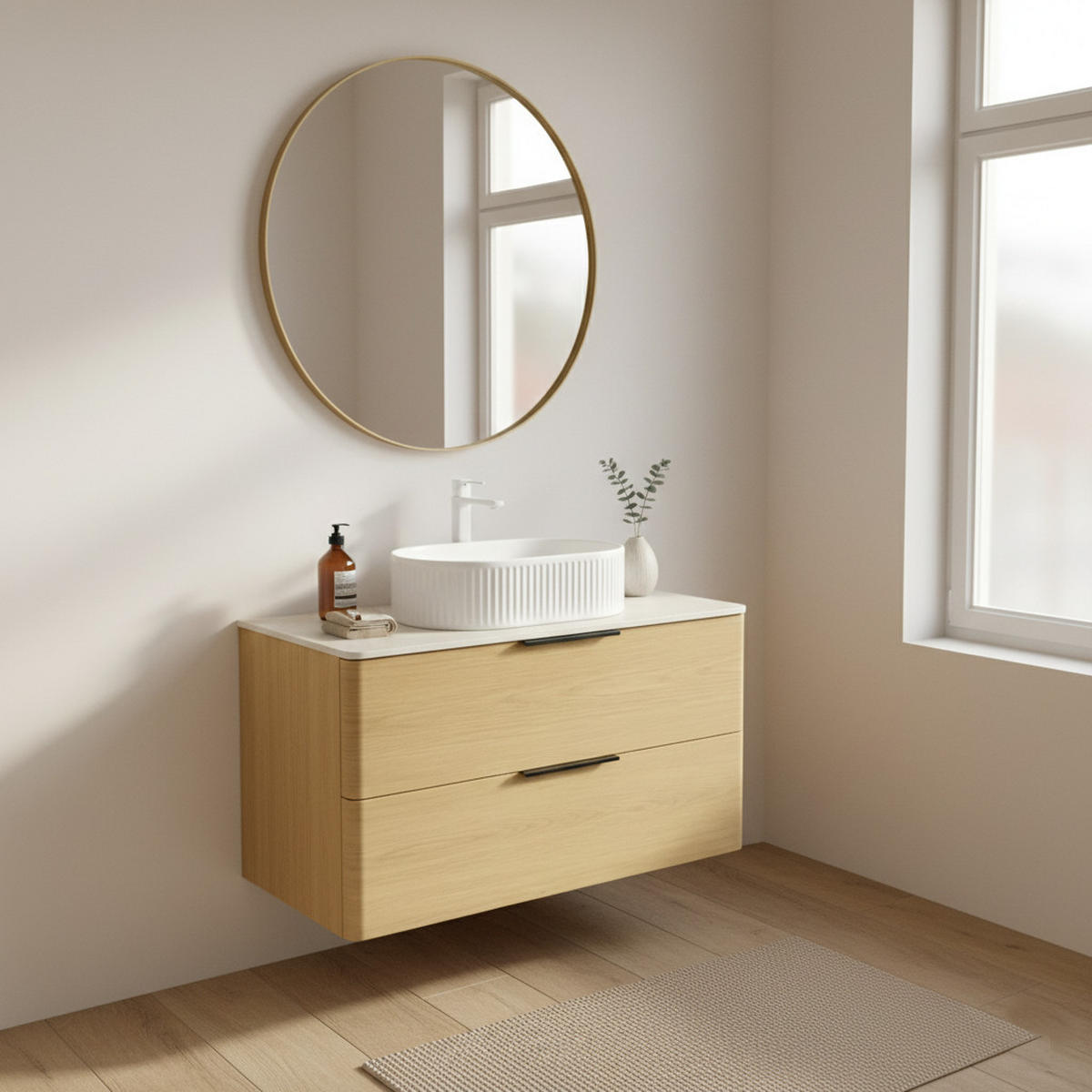 WASCHTISCHKOMBI Eiche hell schwebend mit Keramikbecken & Sintersteinplatte - Eiche San Remo, Keramik/Holzwerkstoff (90/62.2/46cm) - Urban Meuble