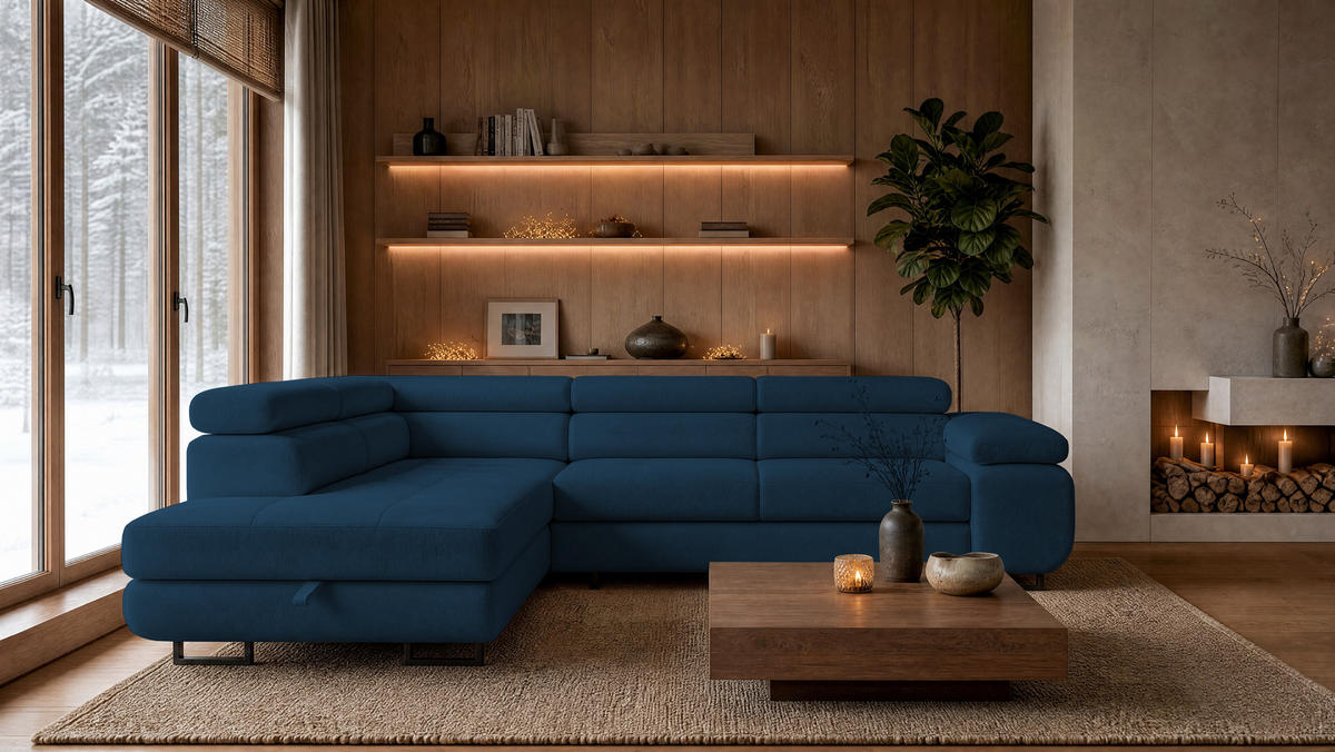 ECKSOFA Velmo mit Bettkasten und Schlaffunktion, verstellbaren Kopfstützen, in L-Form - Blau, Textil (275/203cm)