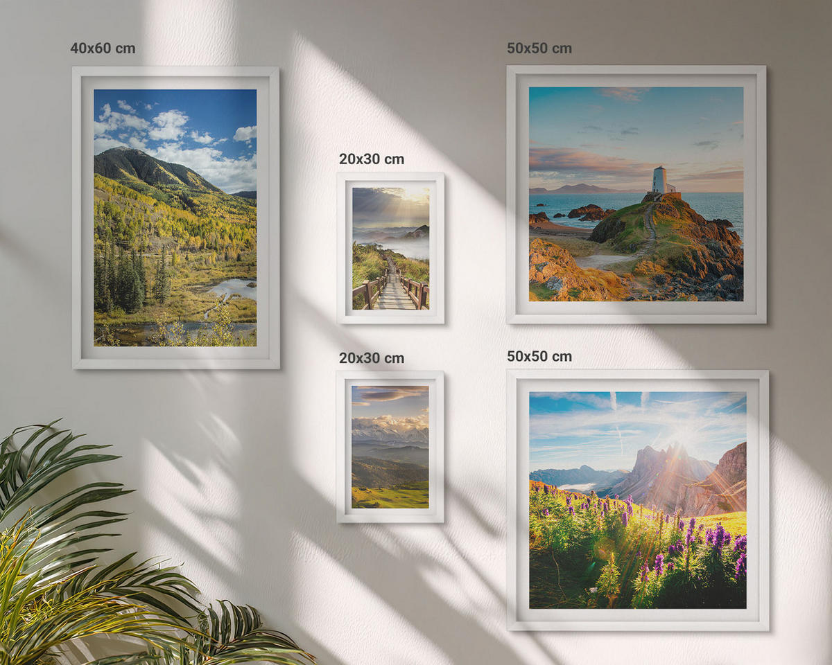WANDBILDER 5er-Set - 50x50 cm & 20x30 cm & 40x60 cm Weißer Rahmen - Berglandschaften Wasserfall - Weiß, Kunststoff (40/60cm) - ArtPrintCave