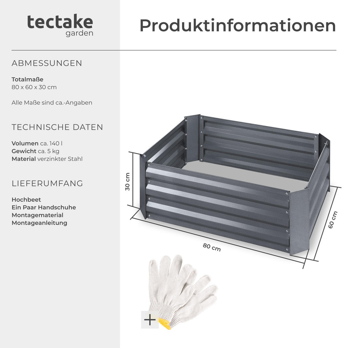 HOCHBEET Valeriana,80 x 60 x 30 cm,grau - Grau, Metall (60/30/80cm) - tectake