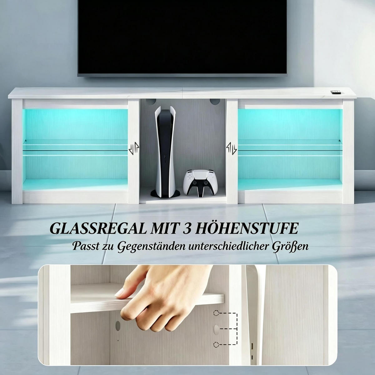TV-SCHRANK 160/35/51.7 cm Weiß mit LED-Beleuchtung und verstellbaren Glasregalen - Weiß, Holzwerkstoff (160/51.7/35cm) - Oxeza