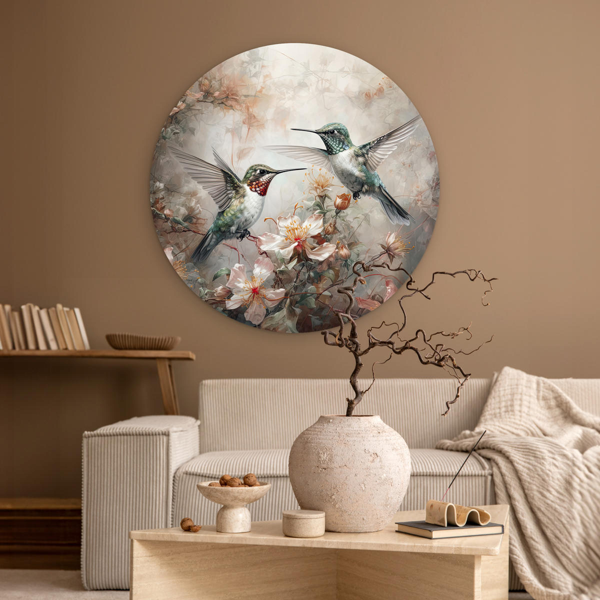WANDBILD Kolibri - Vögel - Blumen - Pflanzen 90x90 cm - Hellgrün, Kunststoff (90/90cm) - MuchoWow