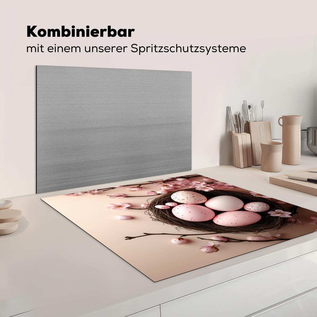 HERDABDECKPLATTE Rosa - Blüten - Eier Induktionsmatte 78x78 cm - Hellrosa, Kunststoff (78/78/0.2cm) - MuchoWow