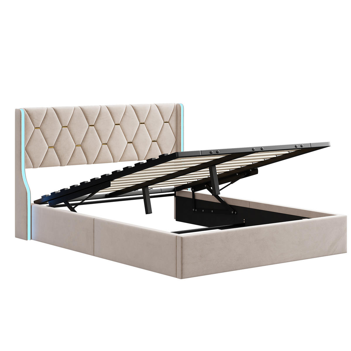 POLSTERBETT 140x200 cm mit LED, Doppelbett 140x200 cm mit Bettkasten, Lattenrost, Bett 140x200, Beige samt - Beige, Holzwerkstoff/Textil (140/200cm) - GENKI LIVING
