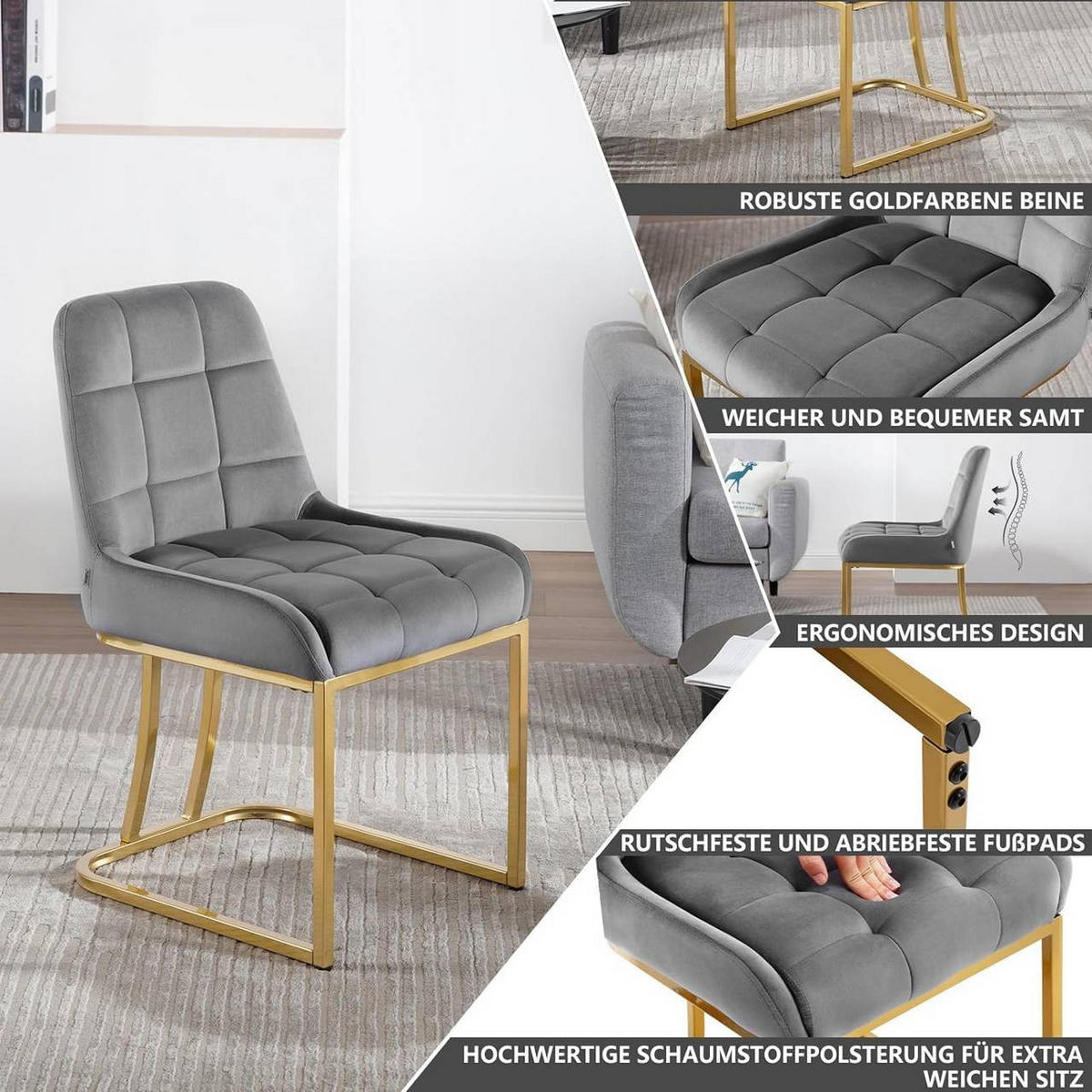 ESSZIMMERSTUHL 6er Set Beine in Bogenform, Samt, Dunkelgrau - Dunkelgrau/Goldfarben, Kunststoff/Textil (47.5/84/57.5cm) - Woltu