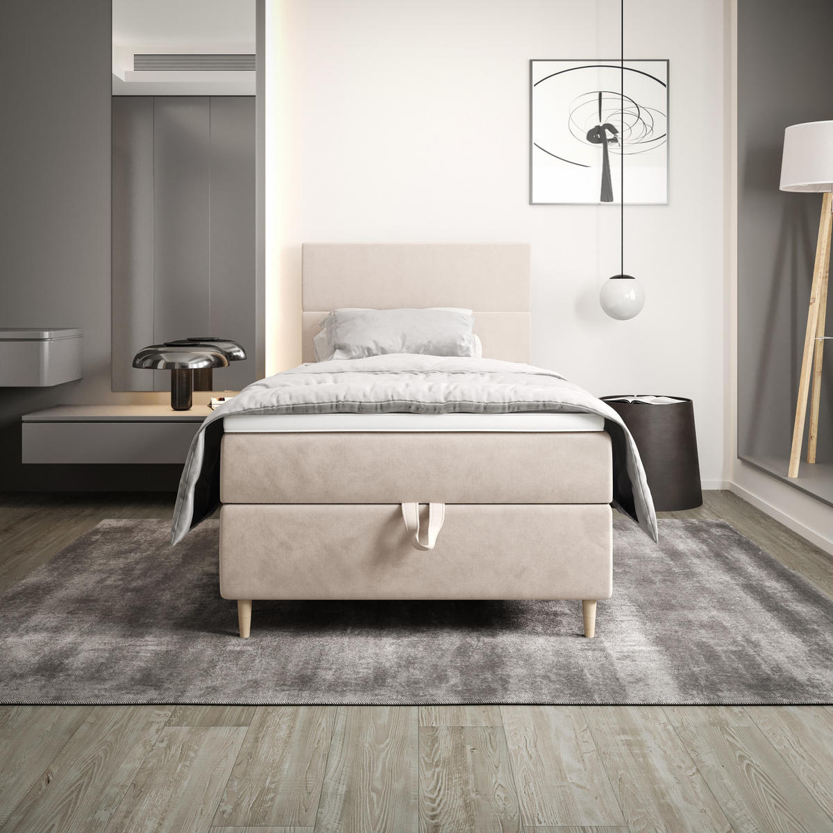BOXBETT FLO 120x200 Itaka 16, mit Matratze H3, Bonell und Topper, Creme - Creme, Holz/Textil (120/200cm) - Bedante