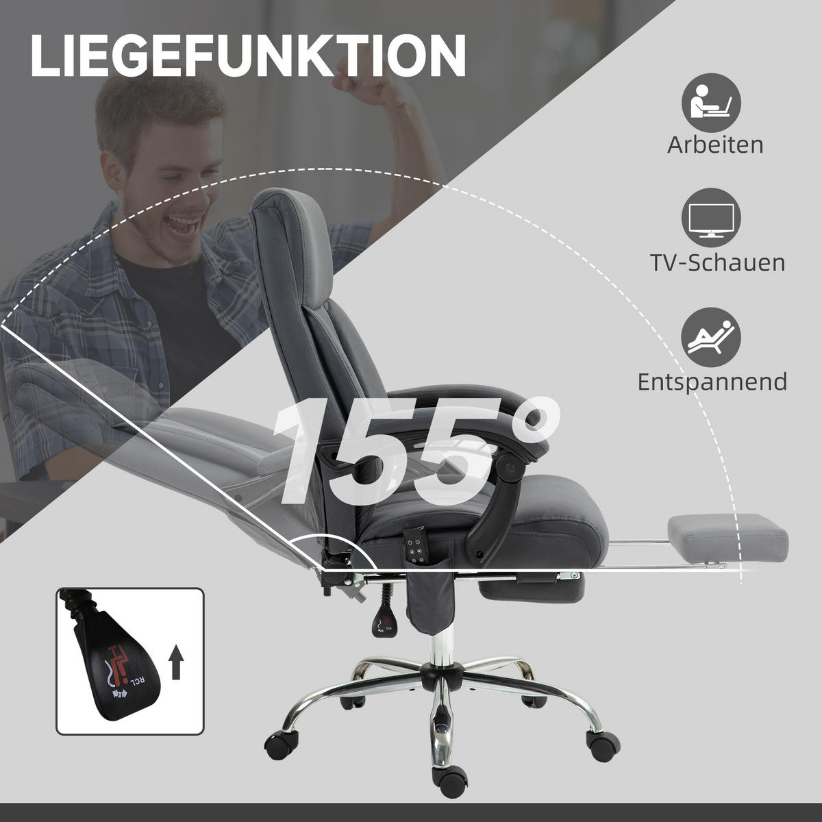 BÜROSTUHL mit Vibrationsmassage, Ergonomisch Schreibtischstuhl mit Liegefunktion - Dunkelgrau, Kunststoff (74/119/65cm) - Vinsetto