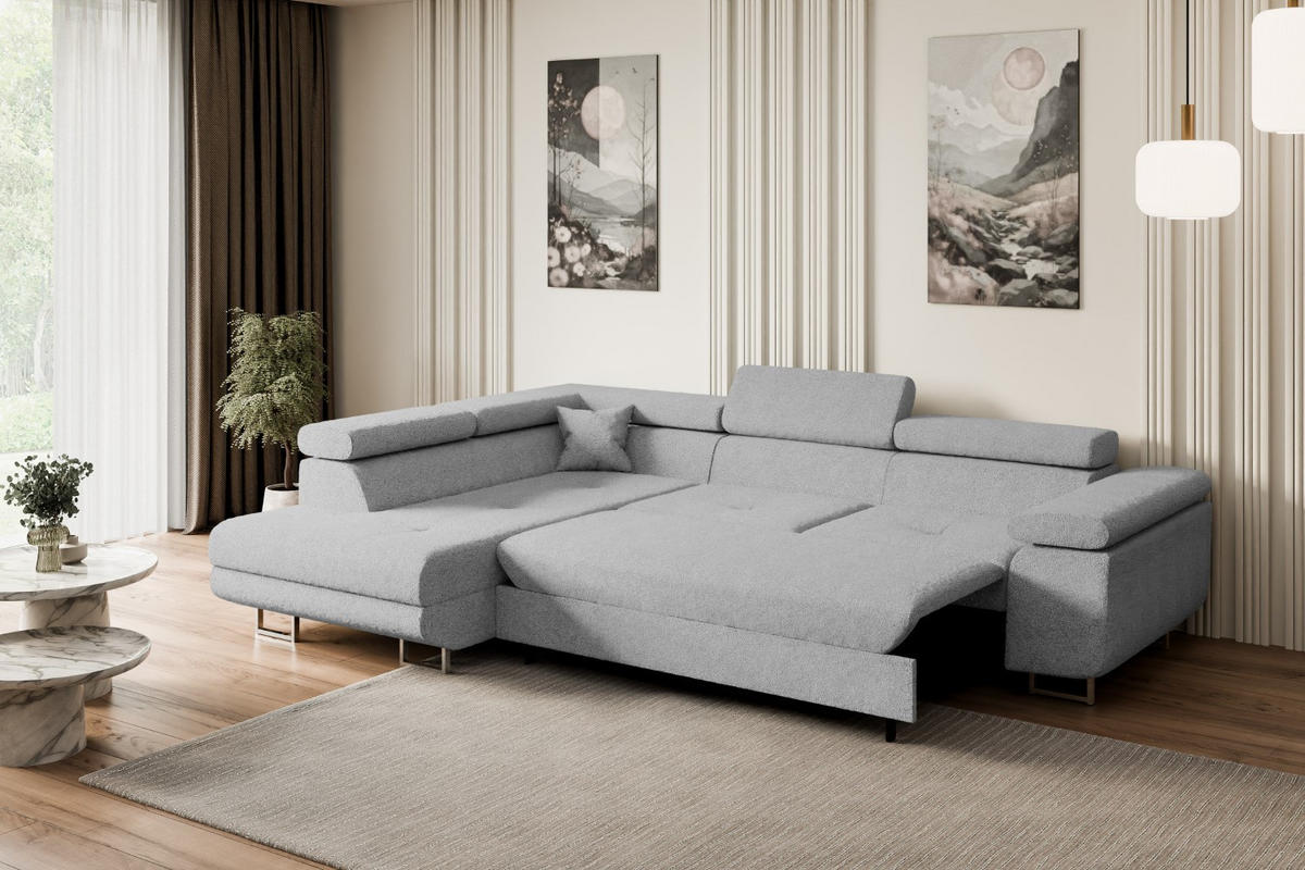 ECKSOFA mit Schlaffunktion und Bettkasten GUSA-L 272x202x107 cm Grau Bouclé - Silberfarben/Hellgrau, Holzwerkstoff/Textil (202/272cm) - ALTDECOR